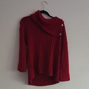 Chic Red Cowl Neck Sweater with Button Accents